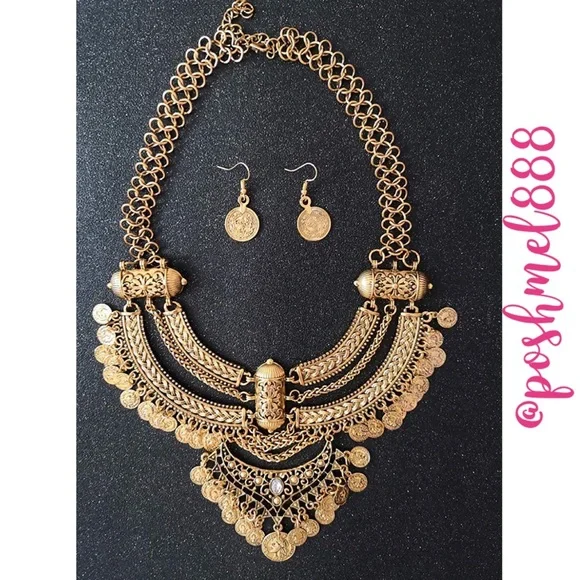 [GOLD] Exotic NEW Statement Bib Cleopatra Coin Necklace+Earring Set - Picture 2 of 8